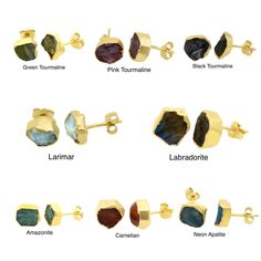 Raw Birthstone Electroplated Stud Earrings, Gold Plated over Silver Gemstone Stud Earrings, Healing Crystal Rough Gemstone Studs Chain Bracelet Diy, Stud Earrings Gold, Gemstone Stud Earrings, Gemstone Cabochons, Earrings Metal, Raw Beauty, Gemstone Studs, Rough Gemstone, Stone Setting