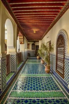 an indoor swimming pool with blue and green tiles on the floor, surrounded by potted plants