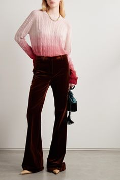 Etro's sweater is cable-knitted from a fine wool that gradually fades from pastel-pink to a rich claret hue at the hem. It has a slightly loose fit defined by ribbed trims and is particularly light and airy. Temper the sheerness with a triangle bra or tank and half tuck it into tailoring or jeans. Pink Fitted Wool Sweater, Fitted Pink Wool Sweater, Sweater Street Style, Pink Cable Knit Sweater, Designer Knitwear, Vest Designs, Luxury Women Fashion, Triangle Bra, Knitwear Design