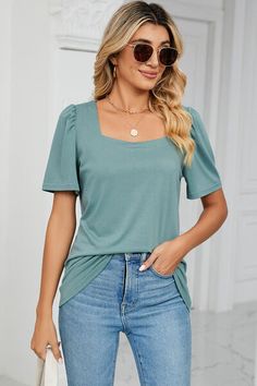 Features: Basic style Sheer: Opaque Stretch: Slightly stretchy Material composition: 65% rayon, 30% polyester, 5% spandex Care instructions: Machine wash cold. Tumble dry low. Imported Product measurements:S:Bust 37.01 in, Sleeve Length 9.65 in, Top Length 26.38 inM:Bust 38.98 in, Sleeve Length 9.84 in, Top Length 26.7 Positive Tees, Square Neck Top, Color Shorts, Wide Leg Denim, Plus Size Blouses, Basic Style, Shirt Pattern, Long Sleeve Sweatshirts, Types Of Collars