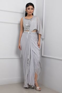 Grey pre-draped saree featuring mirrorwork embellished waistband and bead embellished pallu. Comes with mirrorwork, sequin and bead embellished padded blouse. - Aza Fashions Pre-draped Side Open Saree For Party, Evening Draped Blouse Piece With Mirror Work, Party Pre-draped Saree With Cape Sleeves, Sequined Draped Dress For Diwali, Pre-draped Saree With Mirror Work For Reception, Silk Dresses With Mirror Work And Draped Shape, Evening Draped Dress With Mirror Work, Designer Draped Dresses With Mirror Work, Party Wear Draped Dress With Mirror Work