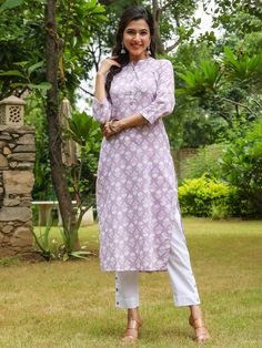 Description Size - Measuring Unit  :  Regular Size                                 :   ( S, M, L, XL, XXL )  Shape Type                    : Straight Length Type                   :  Calf Length Color                                : Purple Ideal For                          :  Printed Occasion                         :  Casual Brand Color                     :  Blue and Red Fabric                                  :  Cotton Pack of                             :  1 Neck Type Fitted Cotton Kurta With 3/4 Sleeves, Long Sleeve Purple Kurta For Spring, Cotton Kurti For Women, Kurti Long, Kurti For Women, Long Kurti, Outfit For Women, Printed Kurti, Cotton Kurti