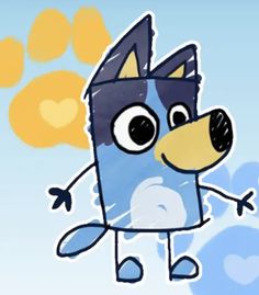 a cartoon dog is standing in front of some blue and yellow hearts with one paw on it's head