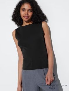 Boat Neck Sleeveless Top | UNIQLO US Modern Sleeveless Elastane Top, Modern Stretch Tank Top For Work, Sleek Spring Elastane Tank Top, Elegant Crew Neck Stretch Tank Top, Elegant Stretch Crew Neck Tank Top, Elegant Stretch Tank Top With Crew Neck, Fitted Crew Neck Tank Top For Work, Sleek Stretch Tank Top For Spring, Modern Stretch Tank Top