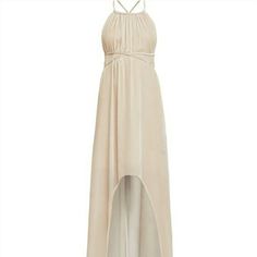 Bcbgmaxazria Valerie Dress Description: Halter Style Evening Dress. Lined. Hi Low Hem Style Size: M Color: Champagne Material: 78% Rayon /22% Silk Chest: ~ 19 Inches Length: ~ 66 Inches Elegant Flowy Backless Dress For Date Night, Elegant Beige Halter Neck Maxi Dress, Beige Maxi Length Cocktail Dress, Chic Beige Maxi Dress For Cocktail, Beige Backless Maxi Dress For Evening, Elegant Flowy Halter Dress For Date Night, Flowy Elegant Backless Dress For Party, Elegant Flowy Backless Dress For Party, Beige Floor-length Maxi Dress For Cocktail