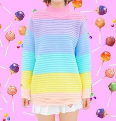 Material:+knit;  Color:+colorful;  Size:+one+size  Length-73cm,+Bust-98cm,+Shoulder-39cm,+Sleeve-55cm;  (2.54cm=1inch). Preppy Ranibow Sweaters, Pastel Rainbow Sweater, Oversized Rainbow Casual Sweater, Pastel Rainbow Cardigan, Harajuku Fashion Rainbow, Rainbow Clothes, Harajuku Clothes, Watch Ideas, Platform Shoes Heels