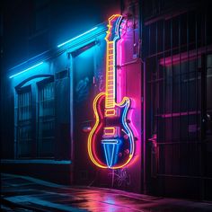 a neon guitar on the side of a building