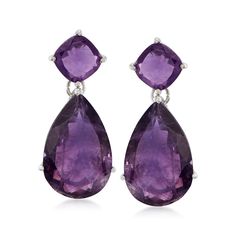 Ross-Simons - 20.00 ct. t. w. Amethyst Drop Earrings in Sterling Silver. Be bold with these vibrant 20.00 ct. t. w. pear-shaped and cushion-cut amethyst drop earrings. Set in sterling silver. Hanging length is 1 1/8". Post/clutch, purple amethyst drop earrings. Amethyst birthstones are the perfect gift for February birthdays. Purple Drop Earrings, Amethyst Birthstone, February Birthday, Concert Outfits, Purple Jewelry, Purple Earrings, Be Bold, Cushion Cut, Purple Amethyst