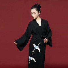 Black Japanese Kimono | Eiyo Kimono Japanese Kimono Traditional, Yukata Women, Japanese Fashion Trends, Kimono Traditional, Elegant Kimono, Kimono Style Dress, Black Japanese, Traditional Japanese Kimono, Mode Kimono