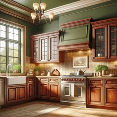 an image of a kitchen setting with wood cabinets and stainless steel stove top ovens