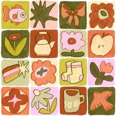 an illustration of flowers and birds on squares with pink, green, red, orange, and yellow colors