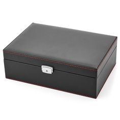 Bold in black wooden watch box. A smart storage solution for your wristwatches. Covered in black, textured synthetic leather this box has a masculine look. The red-stitch feature adds a little punch and character. The interior lined in black felt separates into 10 individual slots. Each with a rounded faux leather covered cushion that makes displaying your timepieces straightforward. The pocket on the inside offers additional storage space. Quality all the way, this watch box comes with a lock a Leather Necklace Pendant, Leather Watch Case, Wooden Watch Box, Welcome To The Family, Smart Storage, Wooden Watch, Jewelry For Men, Black Felt, Suit Accessories