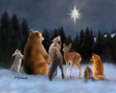 a group of animals standing in the snow with a star above them and trees behind them