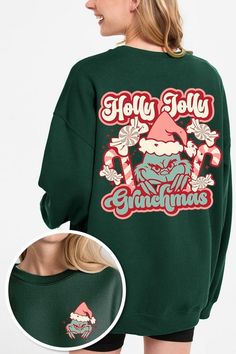 Holly Jolly Grinchmas Front & Back Graphic Fleece Sweatshirts.Unisex Crew Neck Long Sleeve Sweaters Knits.Crafted from premium materials, tailored to your lifestyle, ensuring a comfortable fit for any occasion.Family Group Uniforms Birthday Party Gift Concert Festival Events.High Quality Direct To Film Printed Graphic Design.50%COTTON,50%POLYESTERNICARAGUAMade In: Nicaragua Green Comfortable Fit Sweatshirt For Fall, Green Tops For Fall Holiday, Green Fleece Sweatshirt For Fall, Green Crew Neck Sweater For Loungewear, Cozy Fit Green Sweater For Winter, Cozy Fit Green Top For Fall, Green Holiday Tops With Letter Print, Green Long Sleeve Sweatshirt For Fall, Green Letter Print Tops For Winter