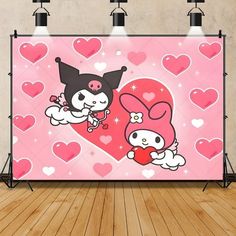 an image of two cartoon characters on a pink heart background with hearts in the background