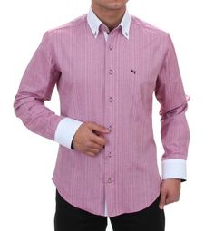 Fashionable slim fit long sleeve shirt from HK Mandel  * Premium quality. * High quality workmanship. * 80% Cotton 20% Polyester. * Contrast applications. * Long sleeve shirt * Button-down collar, so that the collar always keeps its shape. * Color: light fuchsia, fabric inserts in black / white. * The fashionable shirt from HK Mandel is a chic companion and easy to combine, whether for the office, for travel or for leisure. * All items without accessories. * While stocks last.  Attention: Please Pink Slim Fit Business Shirt, Slim Fit Solid Color Button-up Shirt, Classic Slim Fit Pink Dress Shirt, Slim Fit Button-up Dress Shirt For Daywear, Mens Pleated Pants, Pink Slim Fit Button-up Shirt, Mens Designer Shirts, Pleated Trousers, Retro Vintage Style