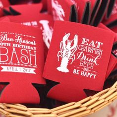 some red coasters are sitting in a basket