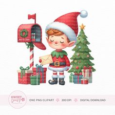 a watercolor christmas elf with presents and mailbox