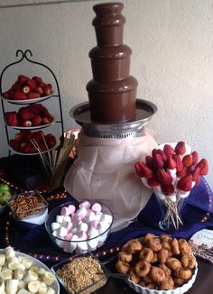 a table topped with lots of desserts and bowls filled with fruit next to a chocolate fountain