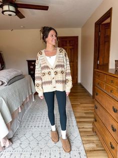 cozy winter outfit with leggings, tall socks and slipper shoes outfit, Bearpaw slipper shoes outfit ideas, fair isle cardigan winter style, brown cream yellow festive cardigan look, comfy winter lounge outfit, cozy cabin outfit inspiration, casual winter outfit Pinterest, how to style leggings for winter, festive cardigan casual look, warm and cozy winter fashion, Bearpaw shoes winter outfit ideas, winter layering outfit inspo, cozy winter weekend look, cold weather casual style Cabin Weekend Outfit, Winter Lounge Outfit, Cabin Outfit, Winter Layering Outfits, Winter Lounge, Cozy Winter Fashion, Winter Weekend