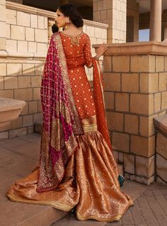 Semi-stitched Banarasi Silk Sharara With Dabka Work, Anarkali Style Sharara With Gota Work In Jamawar, Designer Jamawar Sharara With Dupatta, Designer Dabka Sharara In Shantoon, Designer Sharara With Dupatta In Jamawar, Luxury Sharara With Sheer Dupatta, Traditional Banarasi Silk Sharara With Dabka, Wedding Jamawar Sharara With Gota Work, Unstitched Jamawar Sharara With Dupatta