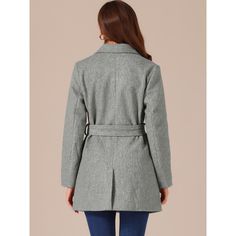 The long trench coat is shaped in a classic double-breasted cut. This soft, elegant coat with a tie around the waist detail is a classic look and will keep you warm in the cool weather. Whether you want to dress up your look or just stay warm in casual winter, it is a better choice for you. The self-tie belt style is flattering and fits more different body shapes. Belted Business Blazer For Winter, Tailored Belted Outerwear With Suit Collar, Fitted Belted Pea Coat For Office, Belted Outerwear For Office In Solid Color, Fitted Double-breasted Outerwear With Belted Cuffs, Gray Belted Long Sleeve Outerwear, Belted Pea Coat With Notch Lapel For Office, Office Wool Double-breasted Belted Coat, Office Wool Coat Belted And Double-breasted