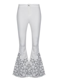 white flare pants with stars Bell Bottom Jeans With Design, Star Print Jeans, Flare Star Pants, Summer White Star Print Bottoms, Bell Bottom Stitching, Star Bell Bottom Jeans, Velvet Flares, Def Leppard Pyromania, Star Embroidery