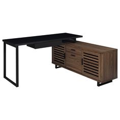 an office desk with a black top and wooden drawers