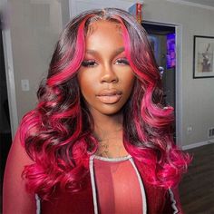 Black Hair Wig, 4x4 Wig, Black Hair Wigs, Hair Colorful, Pink Highlights, Sew Ins, Colored Wigs, Pink Collection, Front Lace Wigs Human Hair