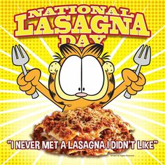 an advertisement for national lasagna day with cartoon character holding up fork and knife