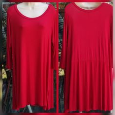 Red 3/4 Length Sleeve Plus Size Shirt. More Like A Tunic Since It Flares Out. 1x Chest 22.5" Flat Lay Back Length 35" 95% Rayon 5% Spandex Non Smoking/Pet Friendly Home Red Stretch Tops With 3/4 Sleeves, Patagonia Long Sleeve, Simply Southern Tees, Fishnet Top, White Crewneck, Tie Dye Long Sleeve, Crop Top Shirts, Long Sleeve Tee Shirts, Running Tops