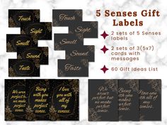 5 signs with gold foil on them and the text, 5 senses gift labels