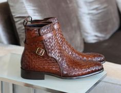 Unique Handmade Slip on Cognac Boots on Storenvy Cordovan Shoes, Mens Vest Fashion, Quality Leather Boots, Cognac Boots, Custom Design Shoes, Woven Shoes, Handmade Leather Shoes, Dad Shoes, Slip On Boots