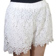 These lovely lace shorts are EVERYTHING! Featuring an elastic waist and lace overlay with a sating lining. These can be dressed up or down pair with sandals & tank for a more causal look or pair with wedges or heels and a silky top for a more dressy look. Made with a polyester and lace blend these fabulous shorts come in two fabulous colors. Lace Pants, Hot Shorts, Mini Short, Lace Fashion, Womens Fashion Trends, Sheer Lace, Womens Fashion Casual, Trousers Women, Fashion Pants