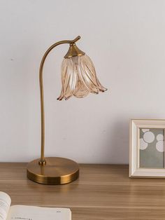 an open book on a desk next to a lamp and framed photograph in a frame