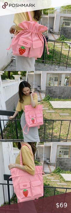 🍓Strawberry Print Shoulder Bag & Backpack🍓 -🍓Strawberry Print Shoulder Bag & Backpack🍓 -Brand New -No Flaws -Color: Pink (I also have in Black) **I take orders in yellow color. But it might take a few weeks for me so please let me know in advance asap! Oh My Lady Bags Preppy Pink Standard Backpack, Casual School Tote Backpack, Preppy Standard Backpack For Daily Use, Pink Satchel Canvas Bag For School, Pink Canvas Satchel Bag For School, Preppy Pink Bag For Daily Use, Cute Pink Canvas Bag For School, Casual Pink Shoulder Bag For Back To School, Cute Pink Backpack With Removable Pouch