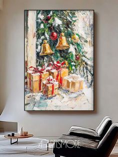 a living room with a christmas tree and presents