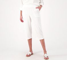 Paired with tees, tanks, and tunics, these capri pants are a style staple for spring and summer. From Belle by Kim Gravel. Summer Beach Capris, Casual White Capris For The Beach, White Casual Capris For Beach, White Elastic Waistband Capris For Summer, Casual White Capris For Beach, White Capris With Elastic Waistband For Summer, White Summer Capris With Elastic Waistband, White Casual Beach Capris, Casual Ankle-length Beach Capris