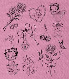 some tattoos on a pink background with hearts, roses and other things to write in it