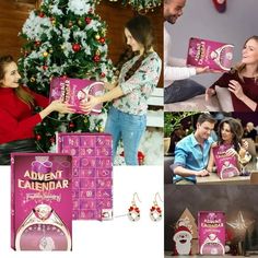 the collage shows two women and one man exchanging gifts for each other in front of a christmas tree