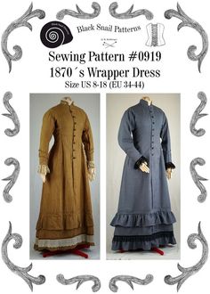 This is a digital sewing pattern for a late 1870´s Wrapper dress. Wrapper dresses made from cotton are simple dresses, worn by working women. First extant dresses of this style can be found from about 1840. The special feature of the dress is a looser fit and buttons in the front for getting dressed Victorian Wrapper, 1870 Dress, Wrapper Dress, Fan Skirt, Edwardian Skirt, Georgian Dress, Informal Dress, Dresses By Pattern, Sewing Bee