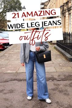 Wondering what to wear with wide leg jeans? This post shows you 21+ super cute wide leg jeans outfit ideas for summer, spring, fall, and winter. These outfits include casual wide leg jeans, high rise wide leg jeans, black wide leg jeans, long wide leg jeans, white wide leg jeans, wide leg denim, wide leg jeans for work, and more ways on how to style wide leg jeans! Wide Leg Patch Pocket Jeans Outfit, Wide Leg Raw Hem Jeans Outfit, How To Style Jean Trousers Women, Wide Leg Jeans Outfit Ideas Winter, Wide Leg Jeans Spring Outfit, Boyfriend Wide Leg Jeans Outfit, Wide Leg Jeans Curvy Outfit, Wide Leg Jeans Outfit Fall Work, Women Wide Leg Jeans Outfit