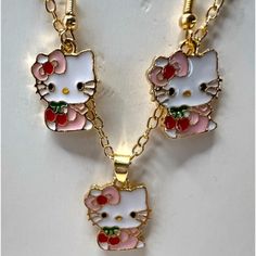 Fashion Jewelry Earrings & Necklace Set, Hello Kitty Style, Gold Tone, Various Colors, 16” Necklace With 2” Extender, Colors: Green, Purple, Light Pink, Pink, Red, Light Green. Hello Kitty Style, Kitty Style, Earrings Necklace Set, 16 Necklace, Kids Accessories Jewelry, Purple Light, Colors Green, Fashion Jewelry Earrings, Pink Pink