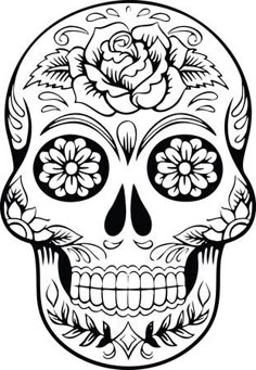 a black and white image of a skull with flowers on it's head, in spanish