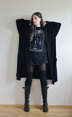 Anni-kaT . -  - Comfy af Long Socks And Boots Outfit, Classy Rave Outfits Style, Rocker Goth Style, Goth Mom Jeans Outfit, Gen Z Goth Fashion, Alternative Fashion Night Out, All Black Outfit Grunge Gothic, Long Shirt And Leggings Outfit, Lazy Goth Aesthetic