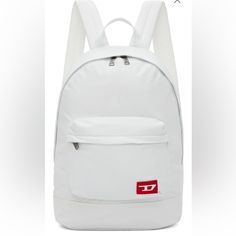 Brand New With Tag Recycled Nylon-Blend Canvas Backpack In White. Webbing Carry Handle Embroidered Logo Patch At Face Zip Pocket At Face Twin Adjustable Padded Shoulder Straps Padded Mesh Back Face Two-Way Zip Closure Laptop Compartment At Interior Card Slot At Interior Satin Lining H16.5 X W11.5 X D5.5 In School Nylon Bag With Logo, School Nylon Bags With Logo, Nylon Bag With Embroidered Logo For Everyday Use, Casual Backpack With Embroidered Logo For Daily Use, Everyday Nylon Bags With Embroidered Logo, White Travel Bag With Embroidered Logo, Nylon Logo Bags For Daily Use, Nylon Bags With Logo For Daily Use, Nylon Standard Backpack With Logo Patch