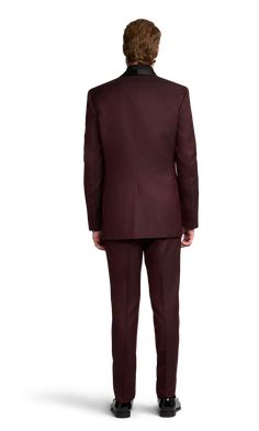 A slim burgundy tuxedo with one button and a shawl lapel. Burgundy Vest, Burgundy Tuxedo, Tuxedo Suit, Black Tuxedo, Black Satin, Shawl