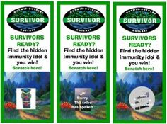 three green signs with the words survivor and an image of a forest in the background