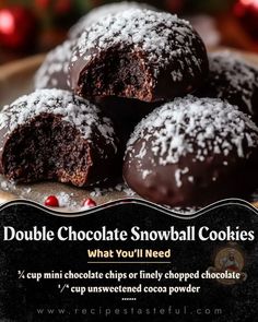 chocolate snowball cookies are piled on top of each other