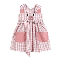 Such a sweet pink little piggy dress by Lil Cactus! Memories of her favorite stories come alive in this adorable soft pink dress with piggy themed details. Made from 100% cotton so she will be comfortable all day long. Pockets are a cute addition in the front and a lovely big bow in the back. This one-of-a-kind dress i Sweet Gingham Cotton Dress, Playful Cotton Dress For Picnic, Playful Sleeveless Gingham Dress, Cute Pink Dress For Picnic, Cute Pink Picnic Dress, Cute Pink Picnic Dresses, Playful Gingham Dress For Playtime, Cute Cotton Gingham Dresses, Cute Gingham Cotton Dress